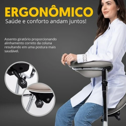 Cadeira Mocho Ergonômico Exclusiva 360° Graus Com Apoio e Suporte Cinza